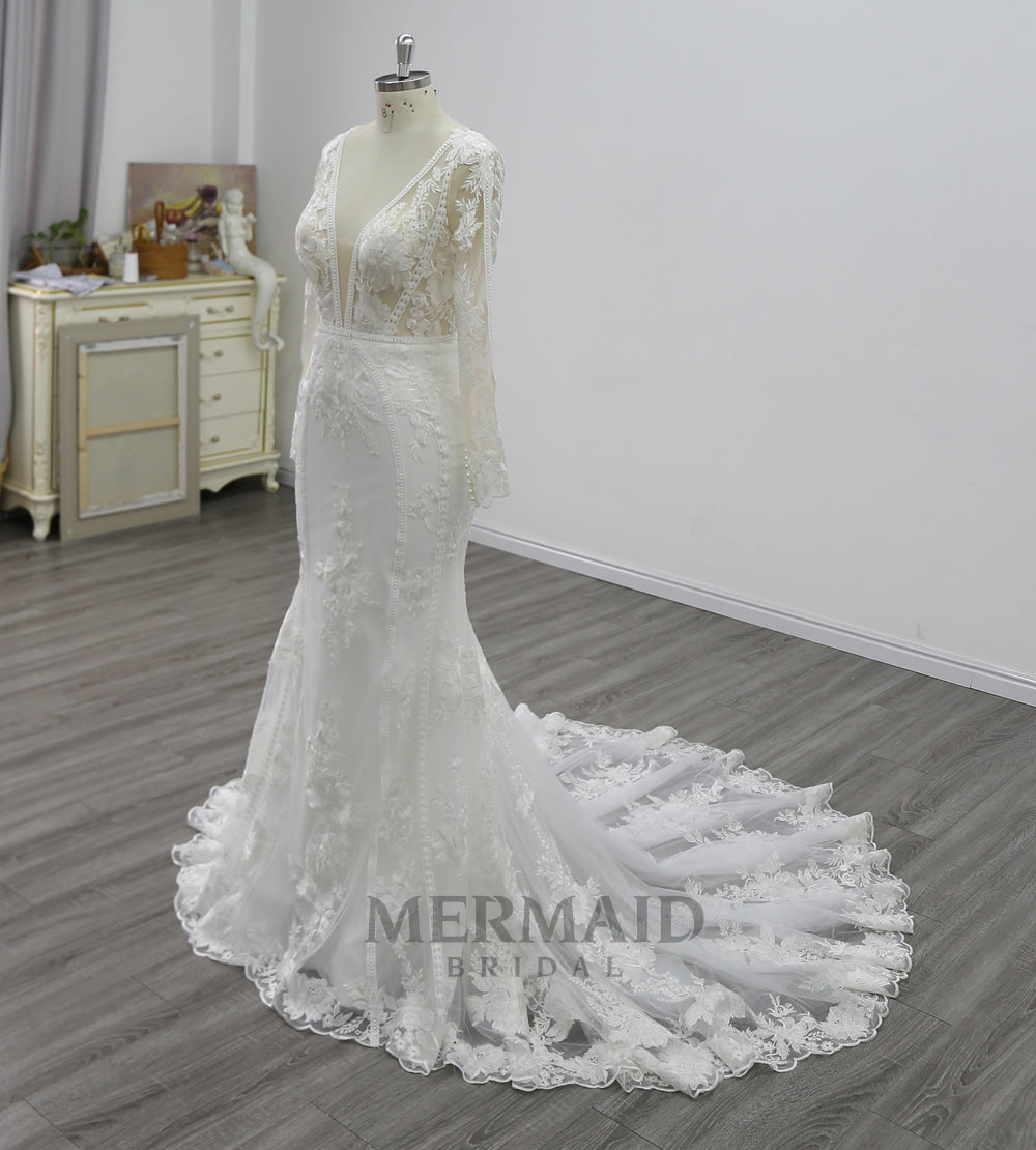 New Long Sleeves Backless Lace Wedding Dress