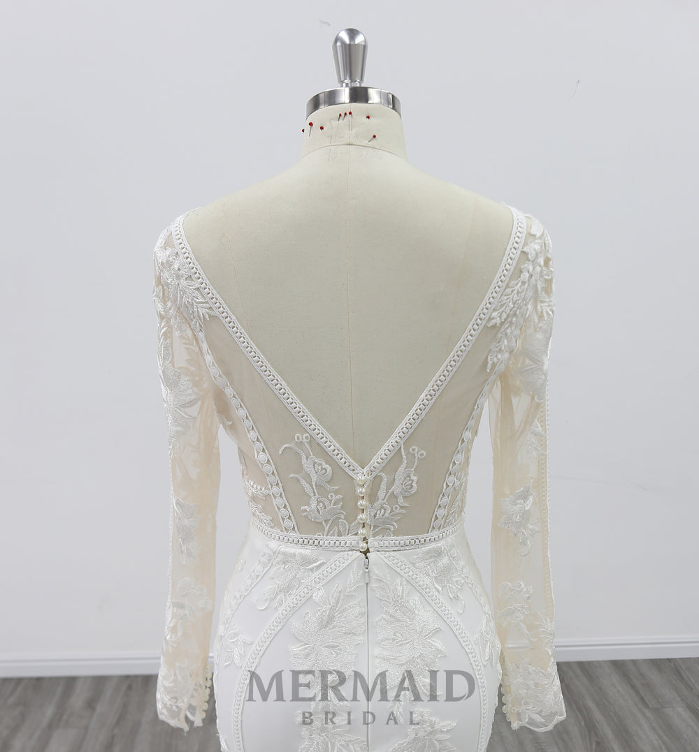 New Long Sleeves Backless Lace Wedding Dress