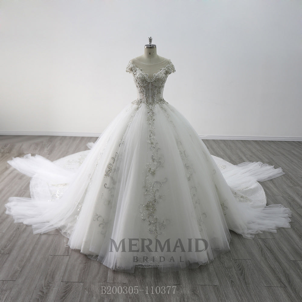 Cap Sleeves Heavy Beaded Royal Train Ball Gown Wedding Dress 2021