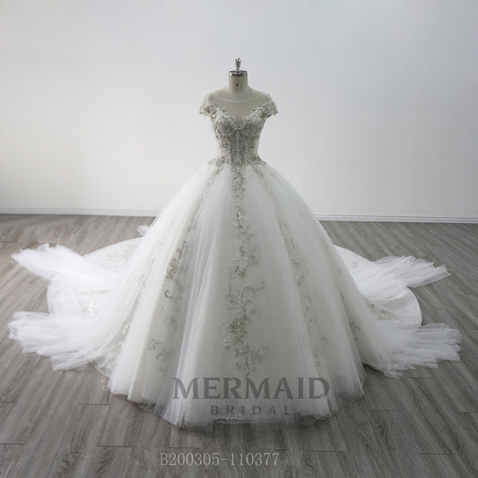Cap Sleeves Heavy Beaded Royal Train Ball Gown Wedding Dress 2021
