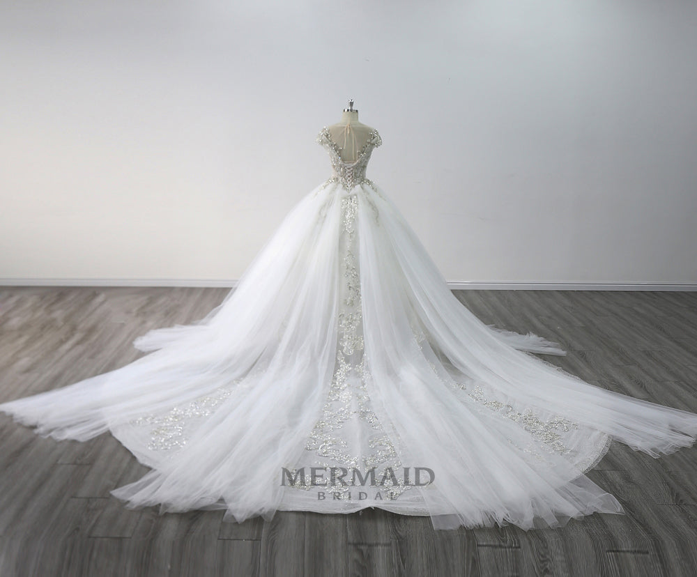 Cap Sleeves Heavy Beaded Royal Train Ball Gown Wedding Dress 2021