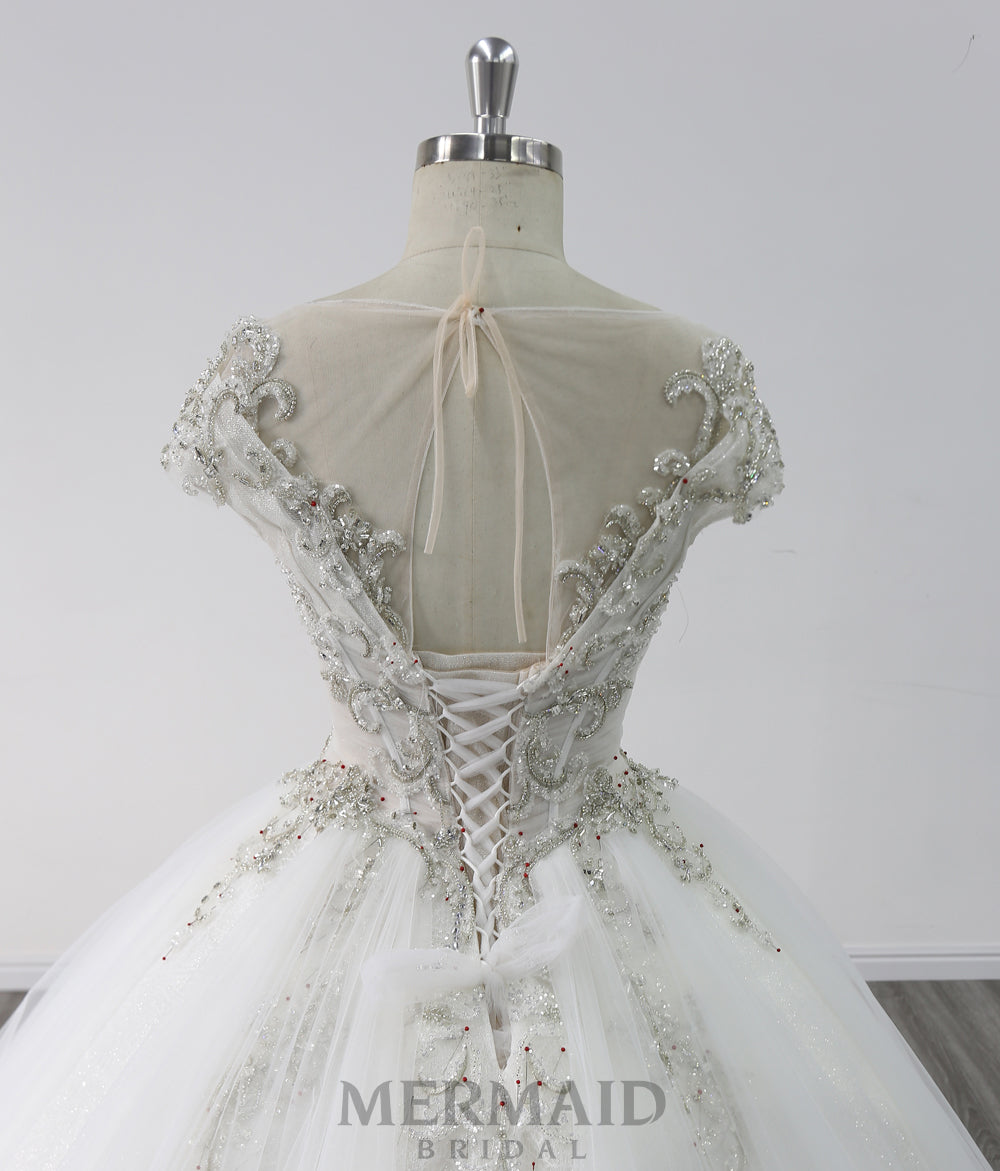 Cap Sleeves Heavy Beaded Royal Train Ball Gown Wedding Dress 2021