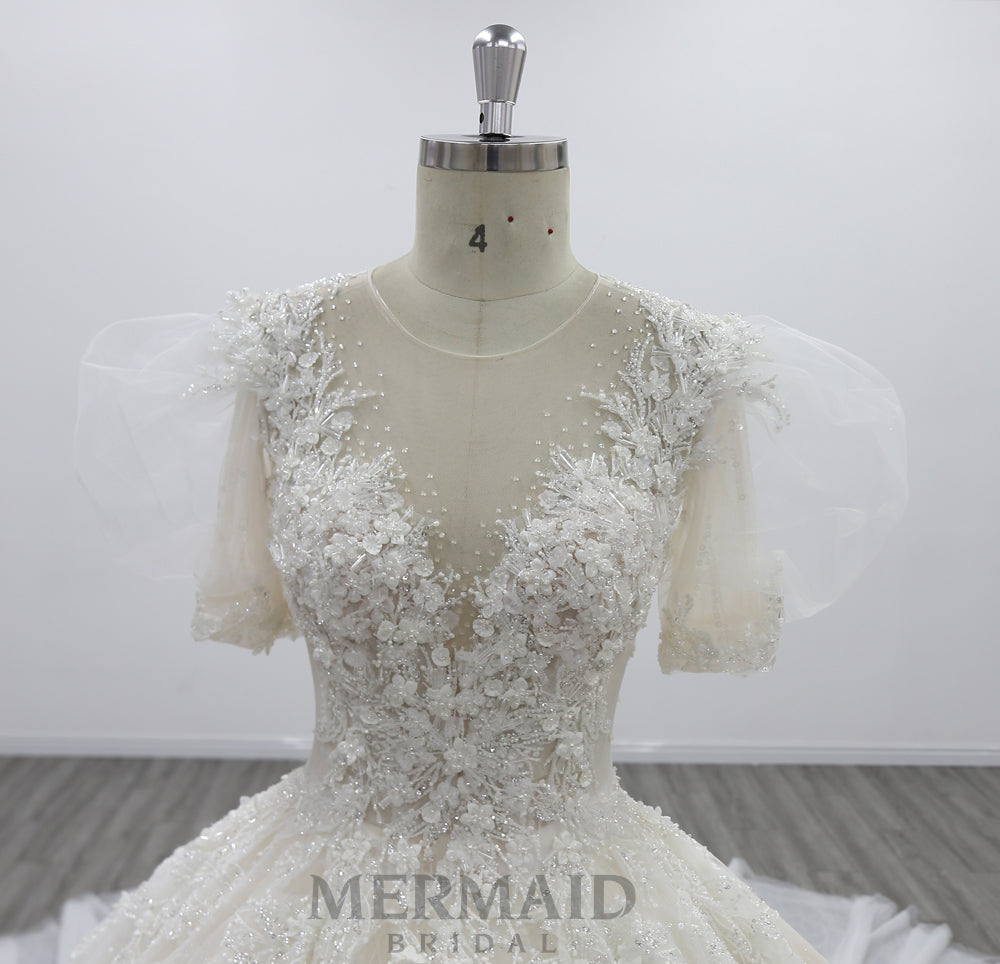 Short Sleeves Heavy Beaded Royal Train Ball Gown Wedding Dress