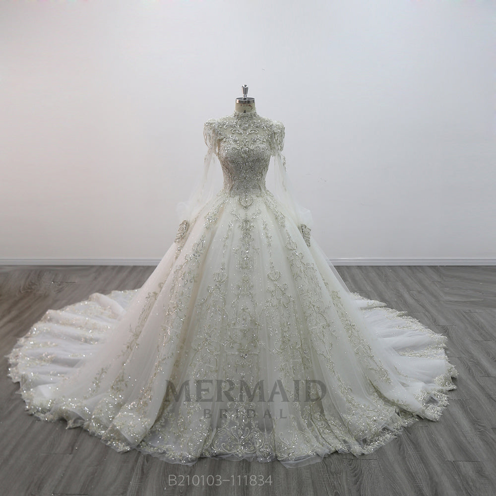 Luxury Long Sleeve Dress High Neck Cathedral Train  Heavy Lace Wedding Dress Ball Gown vestidos de novia