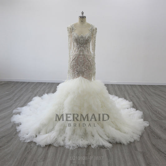 Long Sleeves Ruffles Beading Mermaid Wedding Dress