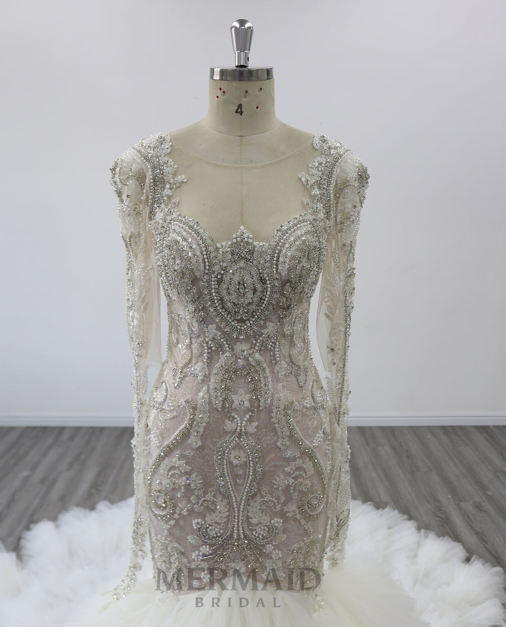 Long Sleeves Ruffles Beading Mermaid Wedding Dress