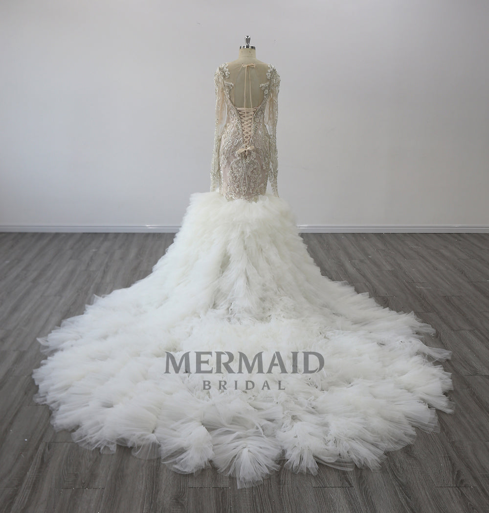 Long Sleeves Ruffles Beading Mermaid Wedding Dress – Mermaid Bridal
