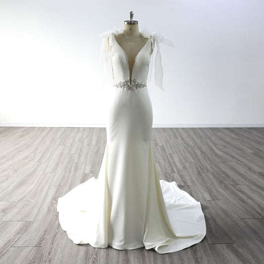 New Detachable Strap Bow Beaded Crepe Mermaid Wedding Dresses