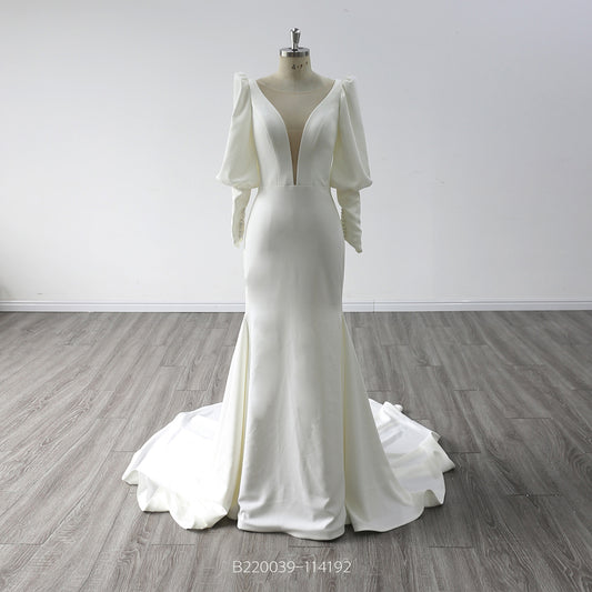 Backless Long Sleeves V Neck Crepe Mermaid Wedding Dress