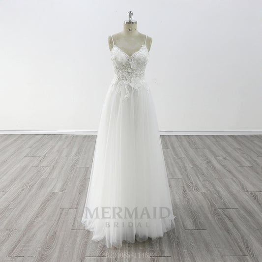 Spaghetti Straps V Neck Floor Length 3d Lace Outdoor Beach Bohemian Wedding Dress
