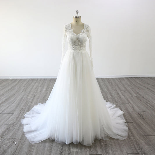 Long Sleeves Backless Beaded Bohemian Wedding Dress