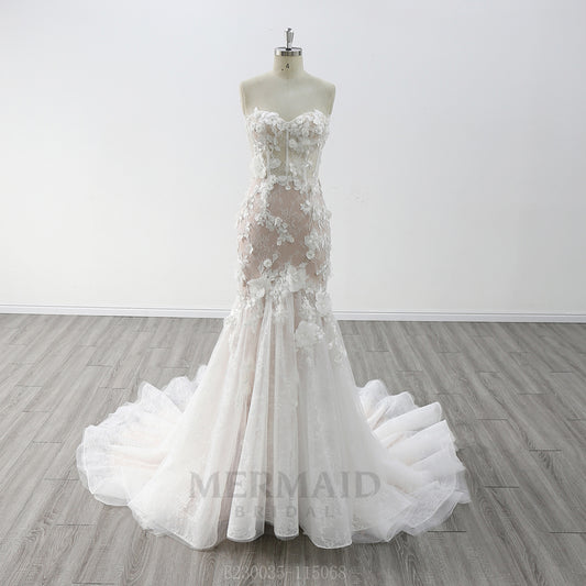 Sweetheart Court Train 3d Lace Mermaid Wedding Dress