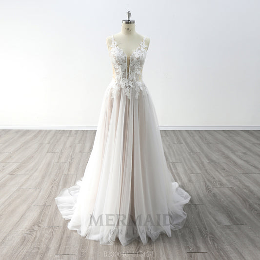 Sexy V Neck Floor Length Lace Outdoor Bohemian Wedding Dress