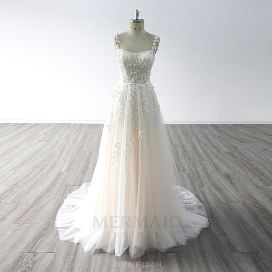 Spaghetti Straps Boat Neck Court Train Boho Beach Wedding Dress 2023