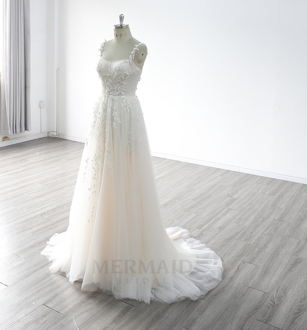 Spaghetti Straps Boat Neck Court Train Boho Beach Wedding Dress 2023